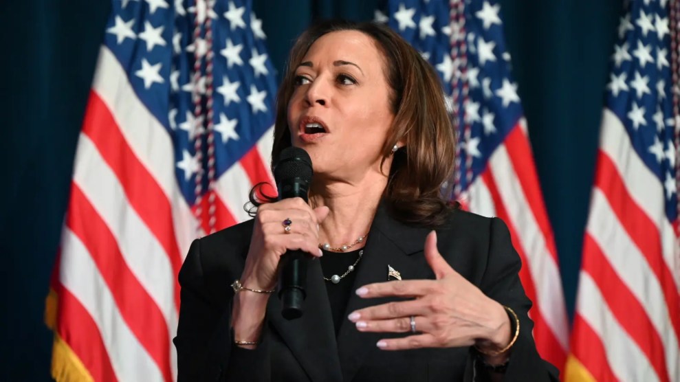 A photo of Vice President Kamala Harris in front of American Flags