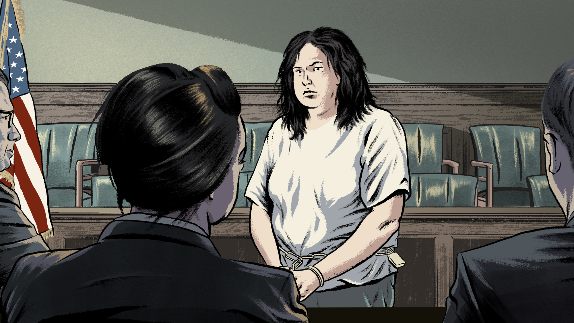 An illustration mostly in muted green, brown and blue shades shows Grace Pinson, a trans Latina with long dark hair wearing a white T-shirt, standing in a courtroom while wearing handcuffs linked to a chain at her waist. An American flag is on the left of the illustration, and three people in suits look at Grace with their backs to the viewer.