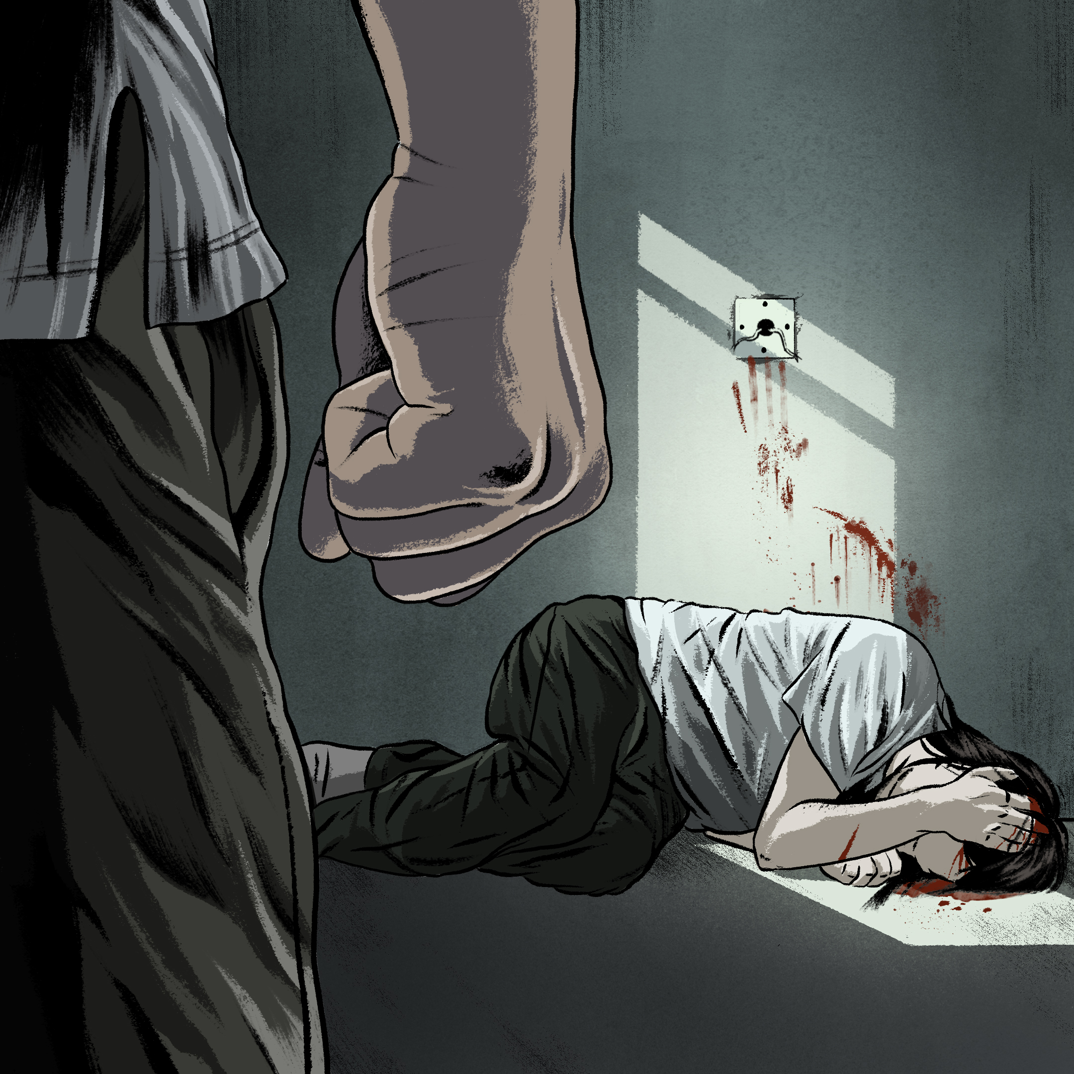 An illustration mostly in muted green, white and peach tones shows Grace Pinson, a trans Latina, lying on the ground in a fetal position, with one hand over her face. Blood is smeared on the wall and the ground near her head. A call button appears ripped out of the wall behind her. A man looms in the foreground with a closed fist.