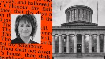 A diptych of a smiling Pastor Diane Mullins on the left over a snippet of the 10 commandments and the Ohio state capitol building on the right.