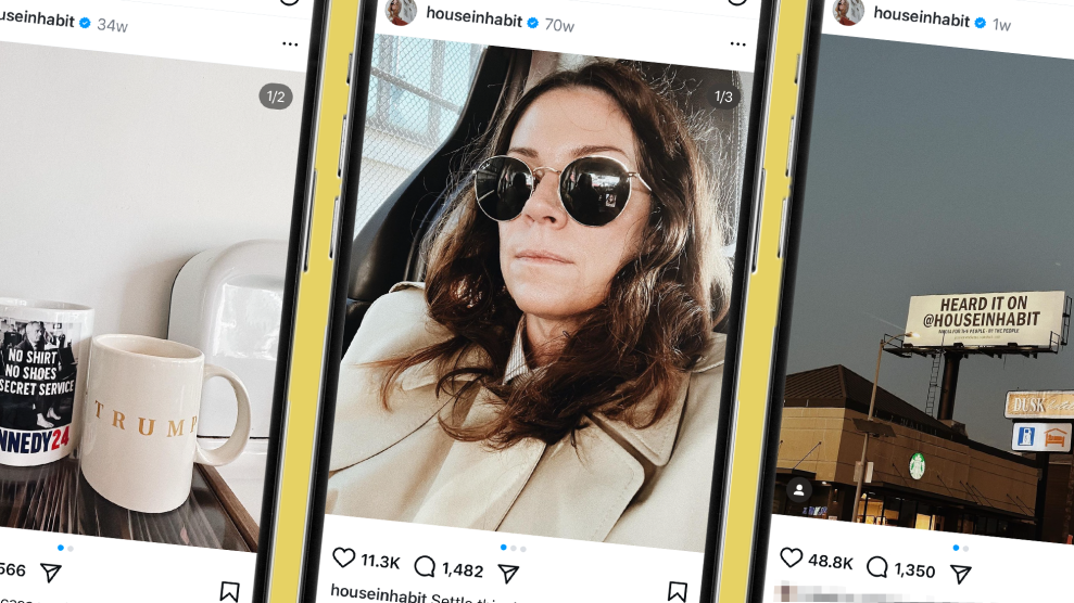 Three phone screens show Instagram posts from an account titled "houseinhabit." On the left, the Instagram post shows a pair of Trump and RFK coffee cups; a selfie from a woman wearing sunglasses is in the middle; and on the right a billboard reads "HEARD IT ON @HOUSEINHABIT."