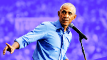 Barack Obama speaks at a podium in front of a stylized purple background