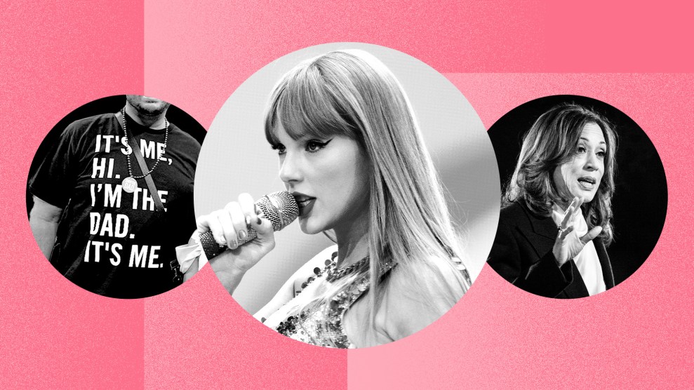 A collage with a bright pink background features three circular, black-and-white photos. In the center, Taylor Swift holds a microphone close to her face, looking focused as she performs. On the left, a person is partially visible wearing a T-shirt that says, “IT’S ME, HI: I’M THE DAD. IT’S ME.” On the right, Kamala Harris gestures with her hand while speaking