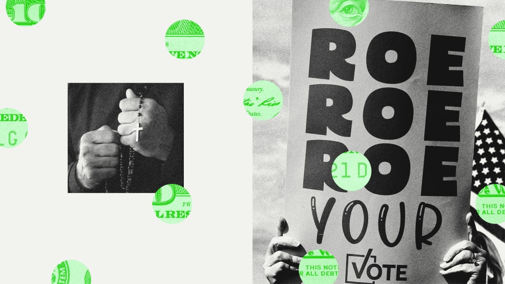 A collage that pairs two photos: the smaller photo on the left is a black-and-white image of a priest holding a rosary. On the right is a person holding the sign 'Roe Roe Roe Your Vote'. Overlaying the image are circles, each one a snippet of a $100 bill.