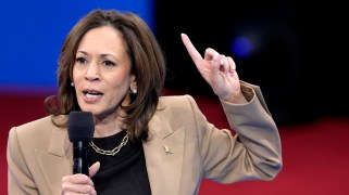 Kamala Harris, in a tan suit and black shirt, speaking into a microphone