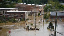 A photo of flooded downtown Asheville.