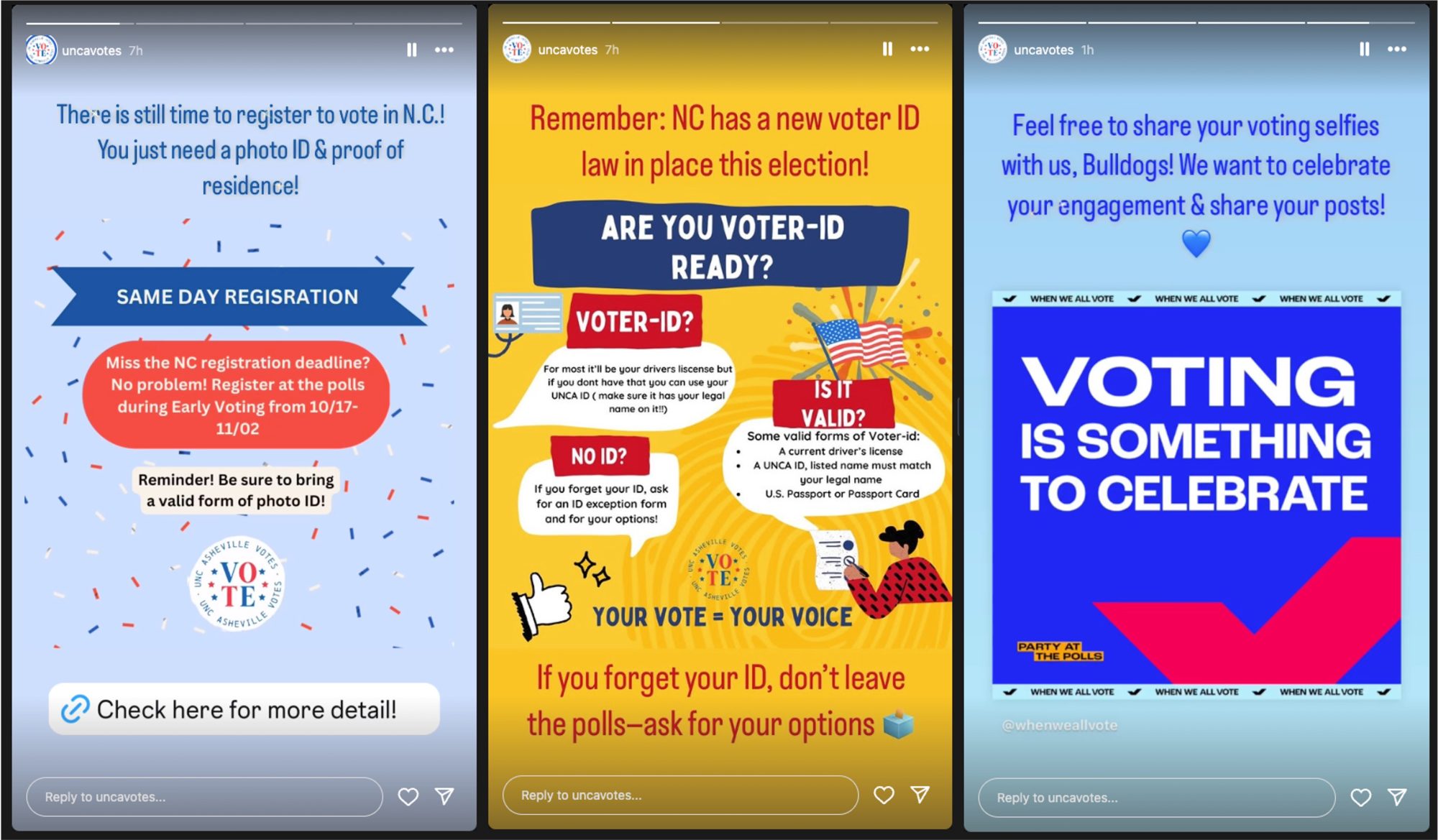 Three Instagram Stories tiles, with blue and yellow posters