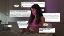 A young woman works on her laptop from bed; surrounding her are various posts from r/abortion reddit page.