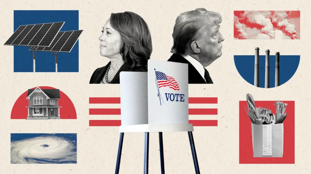 Kamala Harris and Donald Trump's faces are surrounded by images of climate issues