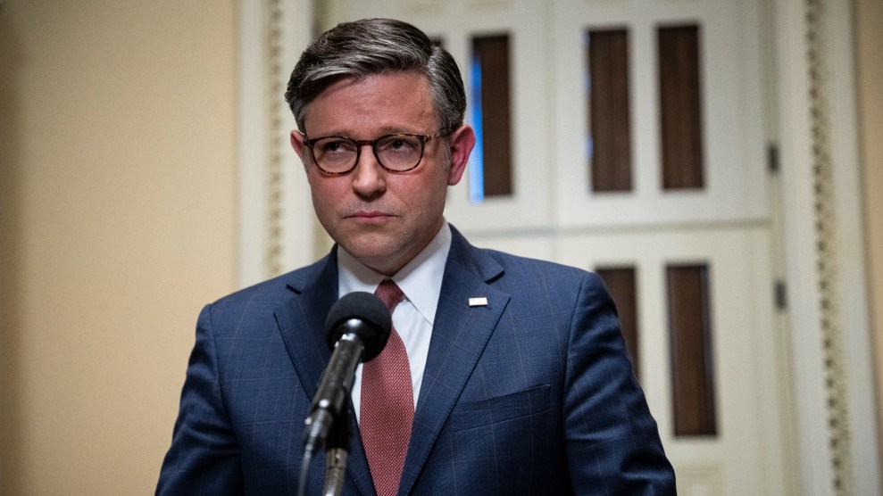 Speaker of the House Mike Johnson (R-LA) stands in front of a podium at the U.S. Capitol, in Washington, D.C., on Wednesday, September 25, 2024 with a concerned face.