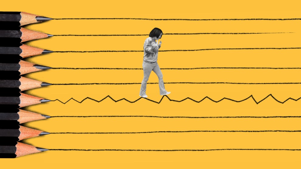 Black lines extend from the tips of nine pencils, eight of them straight, one jagged. A teenage girl walks along the jagged line.