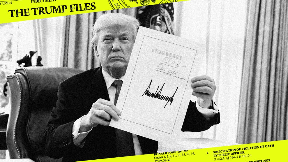 A black-and-white photo of Donald Trump in the Oval Office, holding a signed tax bill. A yellow-green frame at the top reads "The Trump Files"