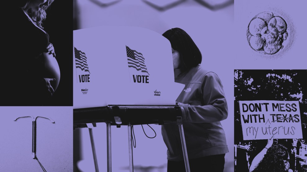 Photo collage featuring a woman in a voting booth in the center. To her right is the silhouette of a pregnant woman and an IUD; to her life is pro-choice protestor holding a sign and an embryo from IVF.