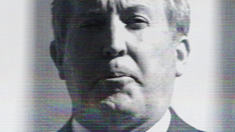 A closely cropped black-and-white photo of Ken Paxton's face. In the image, his lips are downturned. Overlaying the photo are barely perceptible red, yellow, green and blue lines, evocative of a staticky television screen.