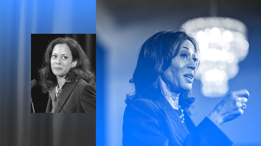 A split image, tinted in blue and black and white, with an archival image of a young Kamala Harris on the left and a current image of Kamala Harris on the right.