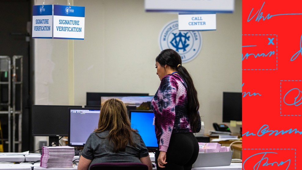 Photo of two women, one sitting, one standing, at a computer next to a stack of ballots, verifying the signatures on each one. The photo is bordered to the right by a red background with various blue signatures.