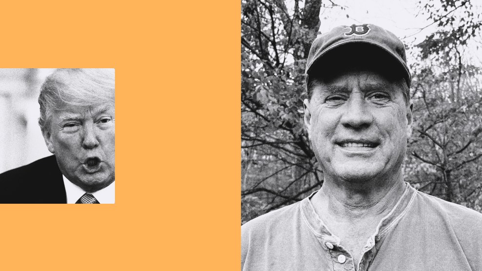 A photo pairing of black-and-white images of Donald Trump and Fred Trump against an orange background. Donald Trump, dressed in a suit and tie, is speaking aggressively in a smaller image on the left. Fred Trump, slightly smiling, is posing outdoors for a photo in a buttoned shirt and Boston Red Sox baseball cap.