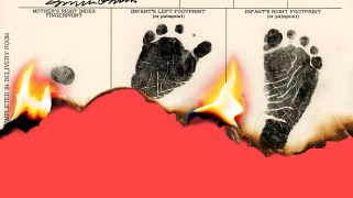 A birth certificate with the infant's footprints is on fire and part of it has already burned away.