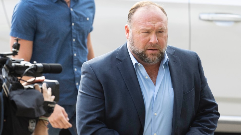 Alex Jones outside of court during his 2022 defamation trial.