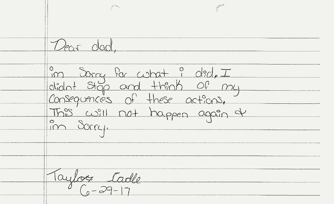 Clipping of notebook paper with an apology scrawled across it.