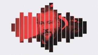 Tightly cropped photo of the face of a caucasian man with mustache and beard looking to our left out of the corners of his eyes. He's bathed in a red and black gradient and his image is contained in vertical thinly shaped rectangular bars, evocative of audio graphic equalizer.