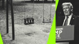 A diptych with a photo of Donald Trump on the right and a photo of unused swings on an empty playground on the right. The photos are toned in grayscale with bright green triangle-shaped graphics layered on top.