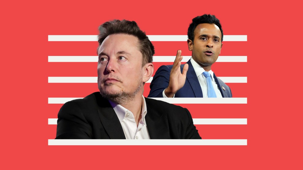 Photo collage with Elon Musk looking to the left and Vivek Ramaswamy behind him looking to the right, with his hand raised while speaking. Behind the two are 6 white horizontal bars on a red background.