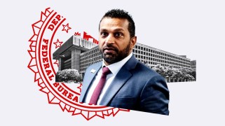 A collage of of Kash Patel overlaying snippets of the FBI building and the FBI logo in red. Patel is pictured from his chest up, has a low-cut beard, and is wearing a suit and tie.