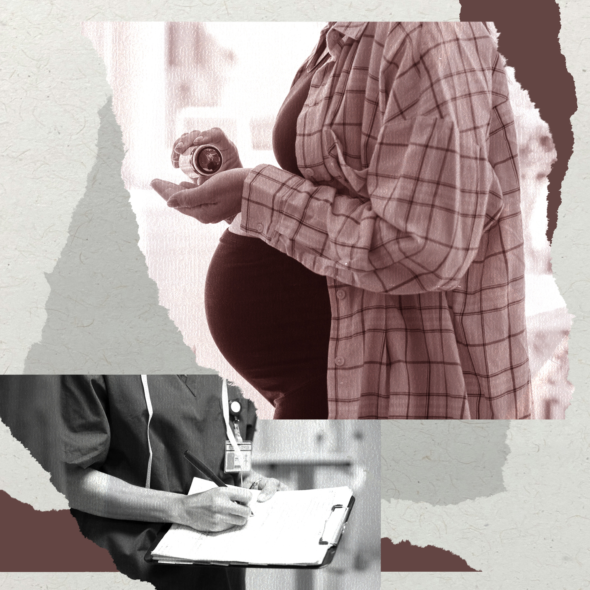 A collage shows images of a doctor writing on a clipboard and a pregnant woman taking pills out of a bottle.