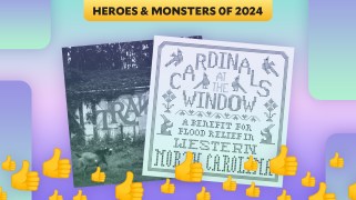 A blue-tinted image of two album covers with thumbs-up emojis layered on top.