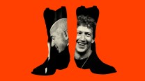 The shape of two cowboy boots against a red background. Inside the left boot is a tightly cropped image of Jeff Bezos, seemingly bashfully looking downward. Inside the boot on the right is a tightly cropped picture of a Mark Zuckerberg with a big smile on his face.