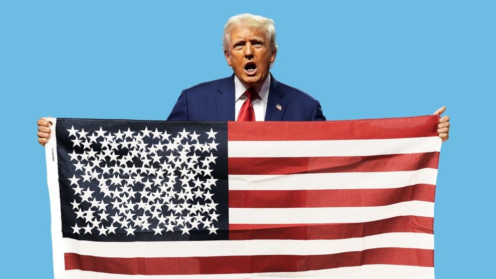 A photo illustration of Donald Trump holding an American flag with a bunch of extra white stars squeezed into the top left corner.