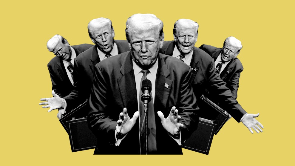 A photo illustration combining five images of Donald Trump speaking.