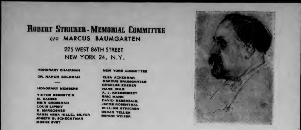 A document titled, "Robert Stricker Memorial Committee," contains an illustrated portrait and the names of committee members.