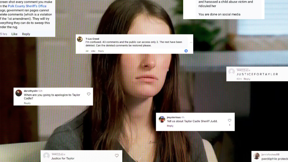 Photo collage of a teenage girl with long hair and a straight face; she is overlaid and partially covered by Facebook comments calling for justice.