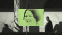 An illustration that layers two images. At the center is Amy Gleason's smiling, tightly cropped government photo in a green-and-black gradient. Behind her image in the background is an out-of-focus black-and-white photo of Donald Trump in the White House garden.