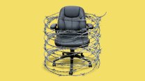 A photo illustration of an office chair covered in barbed wire