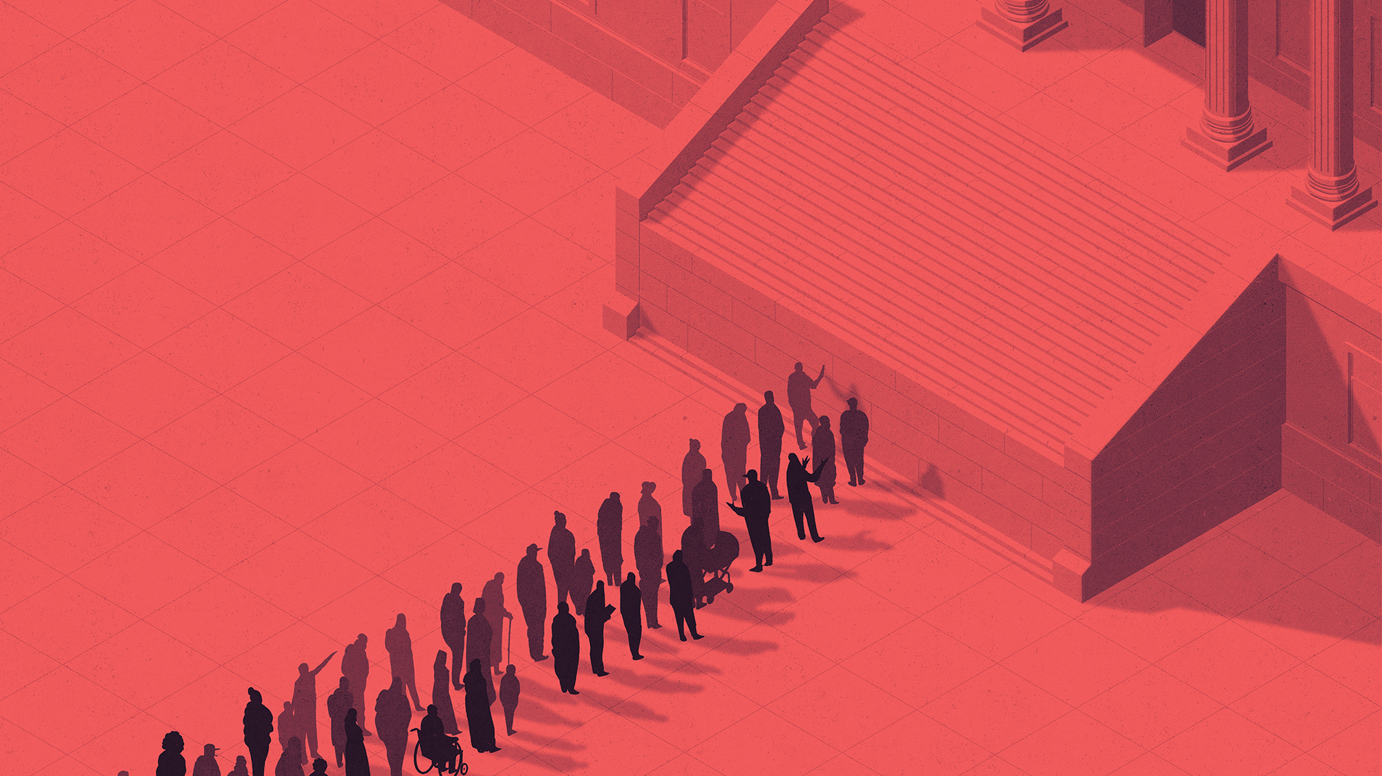 A red-tinted illustration with people lined up in front of courthouse steps. The steps start above the people's heads, making it impossible to climb up.