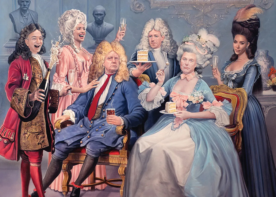 A painting of famous American celebrities dressed as French aristocrats. From left: Jeff Bezos, Ivanka Trump, Donald Trump, Mark Zuckerberg, Elon Musk, and Kim Kardashian. Elon Musk is dressed like Marie Antoinette and eating cake.