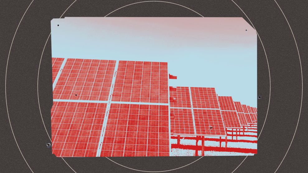 A solar farm with multiple rows of large solar panels mounted on metal frames tilted at an angle. The image is tinted red, cut out, and set on a background of black concentric circles resembling a target.