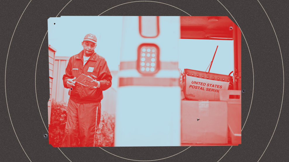 A middle-aged black postal worker looks down at mail in his hands. Wearing the agency's gear, including cap and jacket, he is seen from the rear of his postal truck, which has boxes and containers marked United States Postal Service. The image is tinted red, cut out, and set on a background of black concentric circles resembling a target.