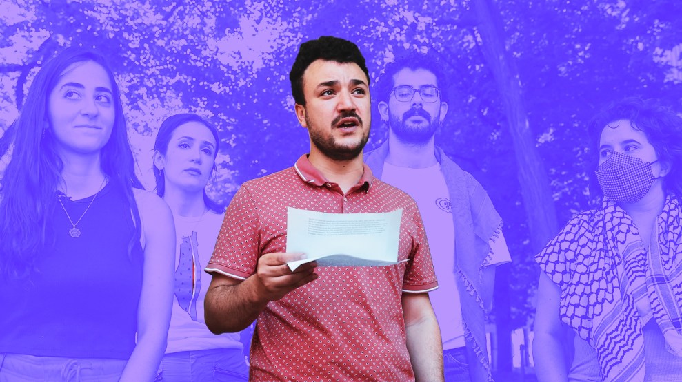 A digitally edited photograph of a young man in a red patterned polo shirt holding a sheet of paper and speaking, with a serious expression. Behind him, four individuals stand, two women on the left and a man and a woman on the right, all appearing to be listening. The background has been color-treated with a bold blue-purple hue.