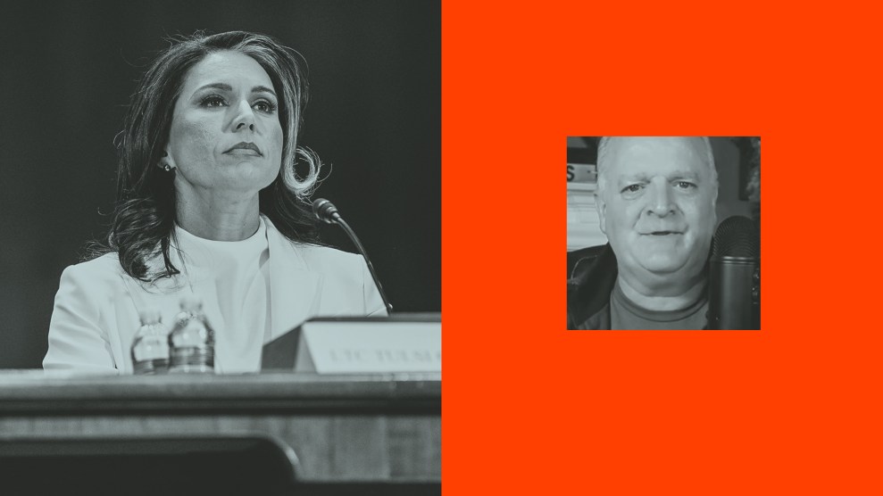 A split-screen composition featuring two black-and-white portraits against a bold red background. On the left, a woman with dark, wavy hair and a white blazer sits at a hearing, looking serious as she speaks into a microphone. A nameplate and water bottles are in front of her. On the right, a smaller black-and-white image of a man with short white hair appears in a video setting, speaking into a microphone, framed within the red background.