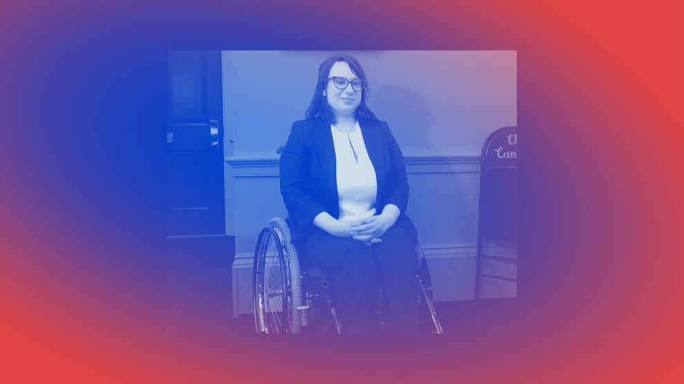 A stylized image of a fired federal worker, Claire—a bespectacled woman in a wheelchair—against a red and blue gradient background.