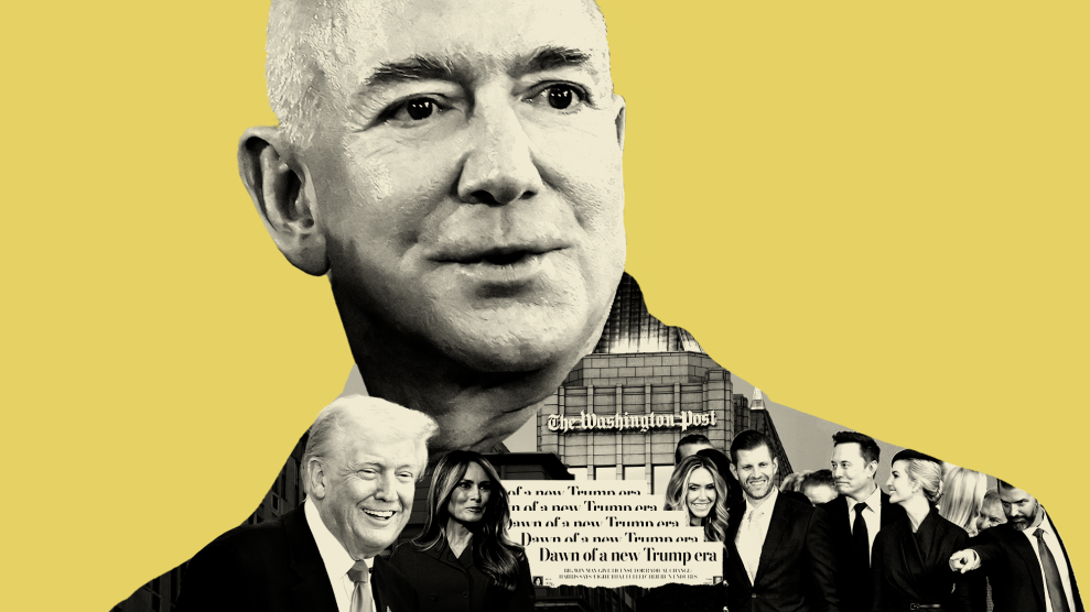 A collage that centers a tightly cropped black-and-white image of Jeff Bezos against a yellow background. Below his face, his upper torso frames images of a smiling Donald Trump, Melania Trump and Trump's children. Behind them is the Washington Post building. Overlaying them is the Washington Post post-election headline "Dawn of a new Trump era."