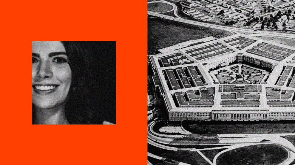 A diptych of Kingsley Wilson and the Pentagon building. On the right, the Pentagon as seen from above in black and white. The right side of the building is slightly cropped out. On the left half of the diptych, is Kingsley's official government portrait. It's smaller than the Pentagon photo and is centered on a red background. Off center to the left and in black and white, Kingsley is seen smiling and has shoulder-length brunette hair.