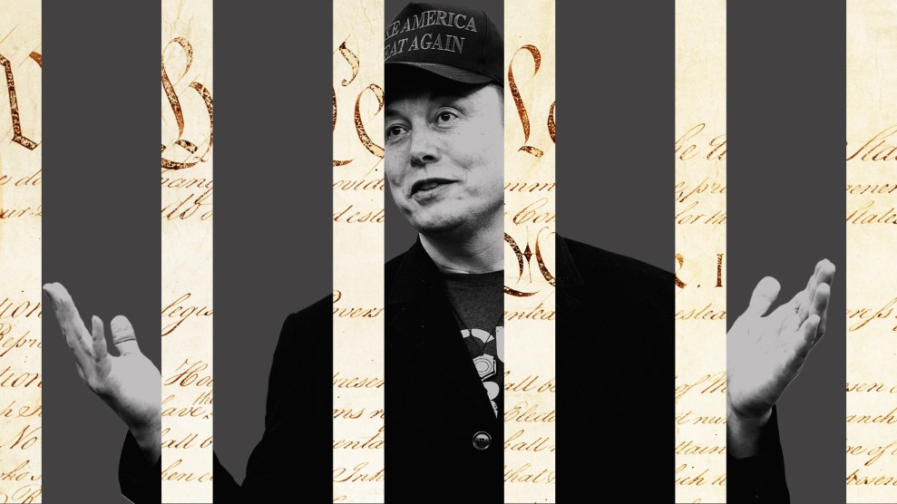 Photo illustration of Elon Musk wearing a MAGA hat with his hands raised standing behind bars as if locked away; the bars are made of strips of the US Constitution.