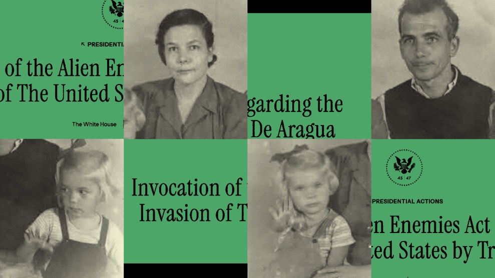 A collage featuring vintage photos of a man, a woman, and two children overlaid with blocks of green background and partial text. The text includes phrases like ‘Alien Enemies Act,’ ‘The White House,’ ‘Presidential Actions,’ and ‘Invasion of The United States,’ combined with official-looking seals.