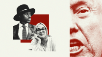 A collage illustration featuring cutout images of Momodou Taal and Rumeysa Ozturk in black and white set against a red square on a light background. To the right of them is a tightly cropped image of Donald Trump's face in which he is baring his teeth. Taal's image shows him in suit and dotted tie with a white shirt and stylish hat. He looks to our right, seemingly at Trump. Ozturk is wearing glasses and has a gentle smile. She is resting her head on her hand and has a hijab wrapped neatly around her head and neck, complementing her outfit.