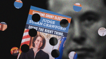 A layered illustration. In the foreground is a photo of a flyer that reads "Supreme Court Election: Judge Susan Crawford. Doing the Right Thing." Below the type is a color photo of a middle-aged Caucasian woman in a black judge's robe standing in front of the United States and Wisconsin flags in a court room. She's smiling and has hair that hangs to the nape of the neck. There are six circular pieces cut from the flyer spread over the background, which shows a tightly cropped image of Elon Musk's stoic face in black and white. His right eye peers through one of the holes. Musk is a middle-aged Caucasian man and his face is slightly out of focus.